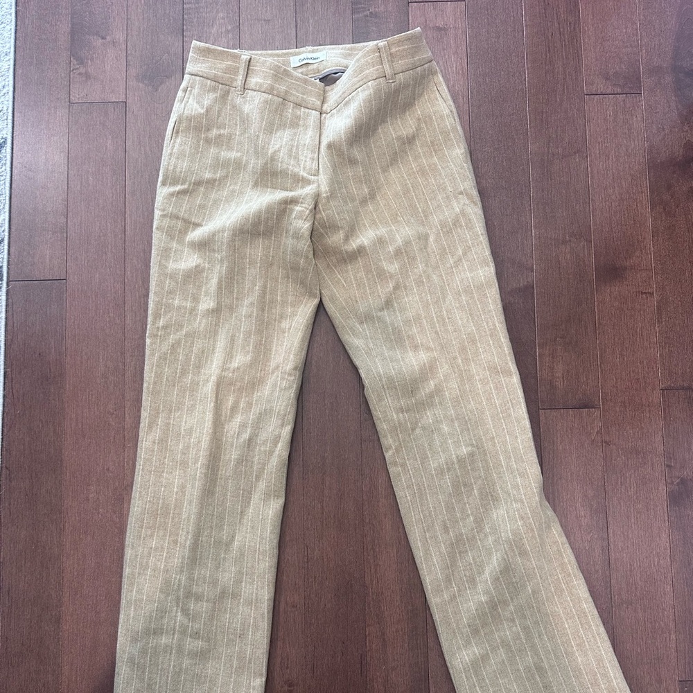 Calvin Klein Women's Straight Leg Pinstripe Pants in Tan *100% Wool*